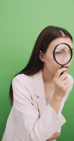 Vertical clip. Female human resources manager looking at something with a magnifying glass. Isolated on green background in studio.
