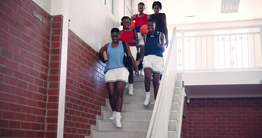 Sports, girls and team with basketball, group and smile for competition in morning, arrive and talking. Stairs, students and excited for match in college court, happy and friendly game for people