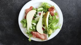 Salad pear ham vegetable dish fresh tasty gourmet food background on the table rustic food top view copy space - Powered by Shutterstock - Get 15% off with code: PIKWIZARD15