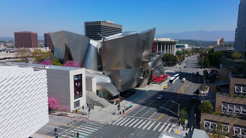 Aerial Drone View of Walt Disney Concert Hall in Downtown Los Angeles at Midday