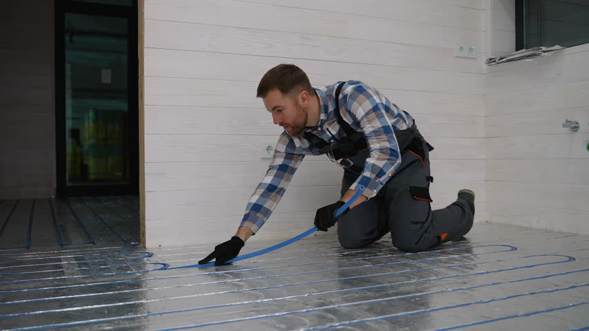 Worker installing underfloor heating in modular home