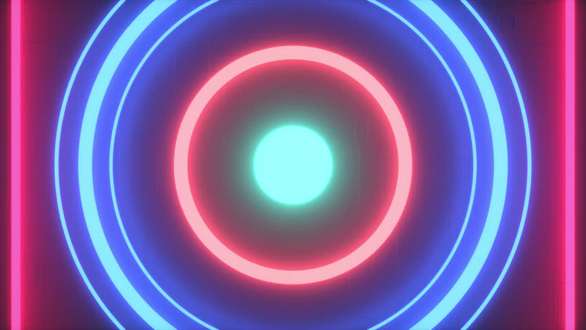 Animation of neon music speaker with glowing lines and circles flickering to the beat of the music. Disco club party audio speaker background.