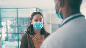 Man, doctor and checking patient temperature with face mask in consultation, appointment or checkup at hospital. Person, surgeon or medical nurse with infrared scanner for examination at clinic - Powered by Shutterstock - Get 15% off with code: PIKWIZARD15