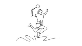 Animated self drawing of continuous line draw beauty female badminton player jumping and hitting shuttlecock with racket. Athlete wearing sport shirt in indoor court. Full length one line animation - Powered by Shutterstock - Get 15% off with code: PIKWIZARD15