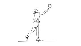 Self drawing animation single line draw female badminton player get ready to receive shuttlecock from opponent. Athlete playing defense with backhand technique. Continuous line. Full length animated - Powered by Shutterstock - Get 15% off with code: PIKWIZARD15
