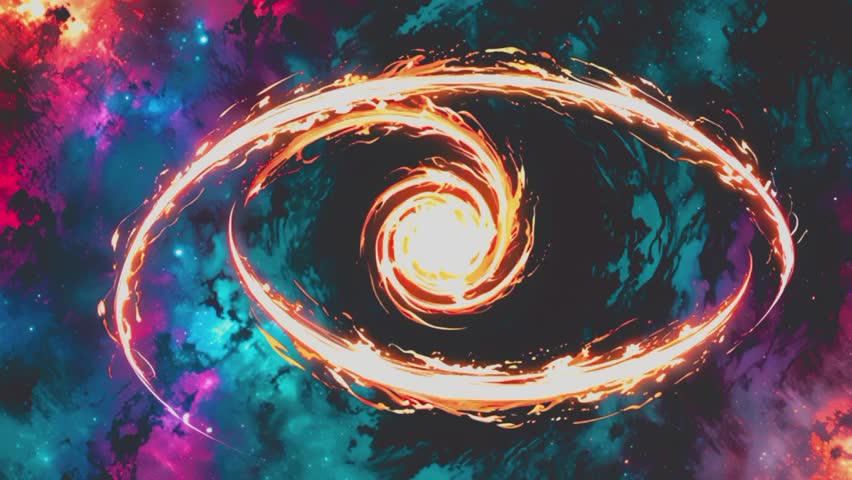 an artistic representation of a dramatic spiraling fire vortex amidst a colorful cosmic backdrop. The bright orange and yellow fire vortex forms a spiral pattern that curls inward toward a brighter