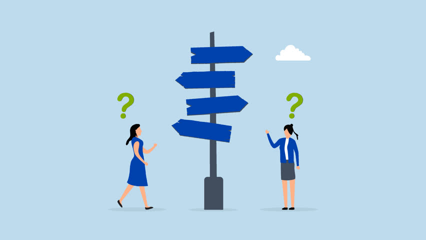 Decision choice, 4k animation of confused businesswoman make decision choosing path.