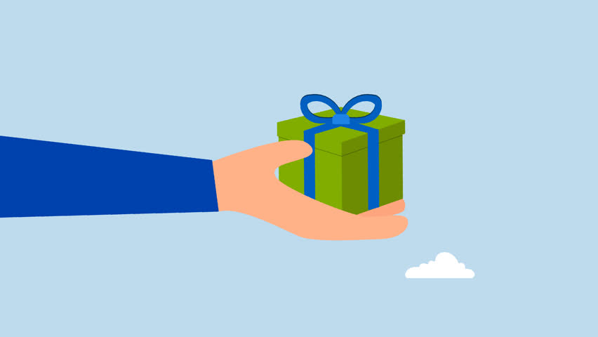Gift reward program, 4k animation of hand giving gift box with ribbon.