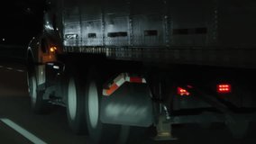 Truck loaded with animals driving on well illuminated highway at the night time. Chasing the truck. Shot from the car inside. Wide POV wide view - Powered by Shutterstock - Get 15% off with code: PIKWIZARD15