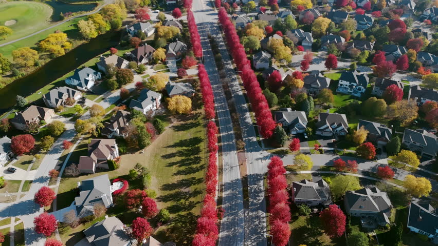 Beaut Scenic suburban street surrounded by vibrant red and yellow autumn trees. Warm fall colors create a picturesque seasonal neighborhoods, homes, aerial view.