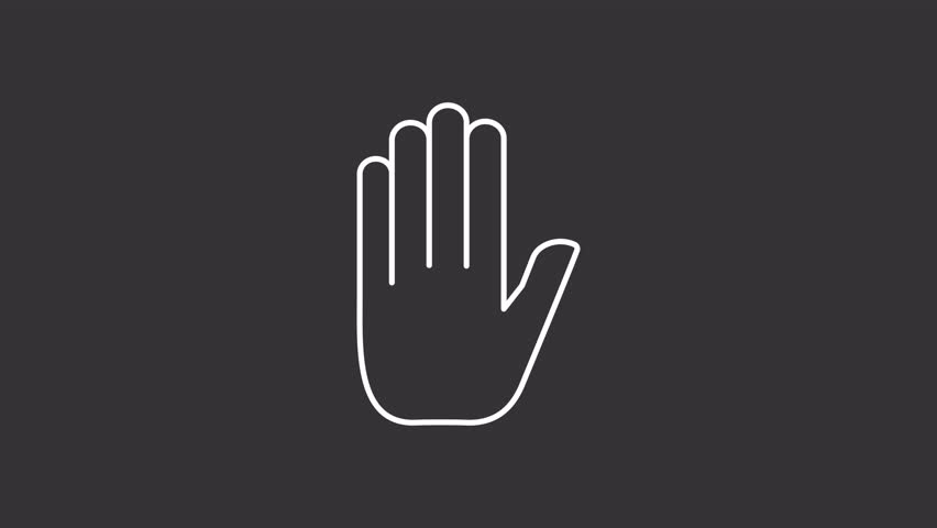 Animated stop gesture white line icon. Denial hand animation. Scaling hand, moving. Shaking finger. Restriction, rejection. Isolated element on dark background. Alpha transparent video