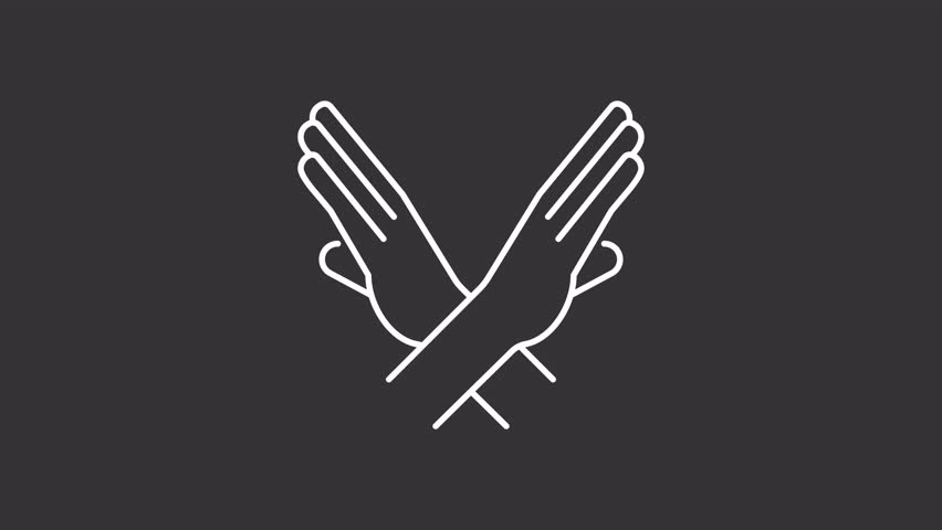 Animated crossed arms white line icon. Stop gesture animation. Scaling hands. Moving, shaking. Rejection sign, restriction. Isolated element on dark background. Alpha transparent video