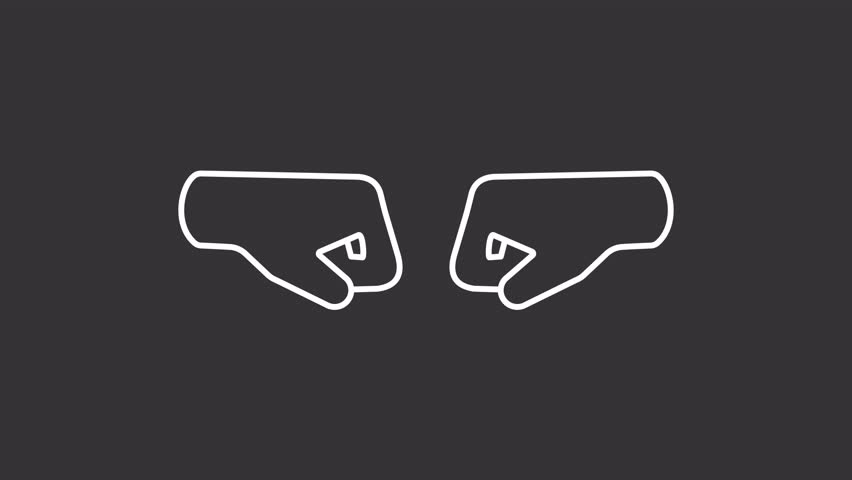 Animated fist bump white line icon. Hand gesture animation. Moving fists, bumping. Friendship communication, celebration. Isolated element on dark background. Alpha transparent video