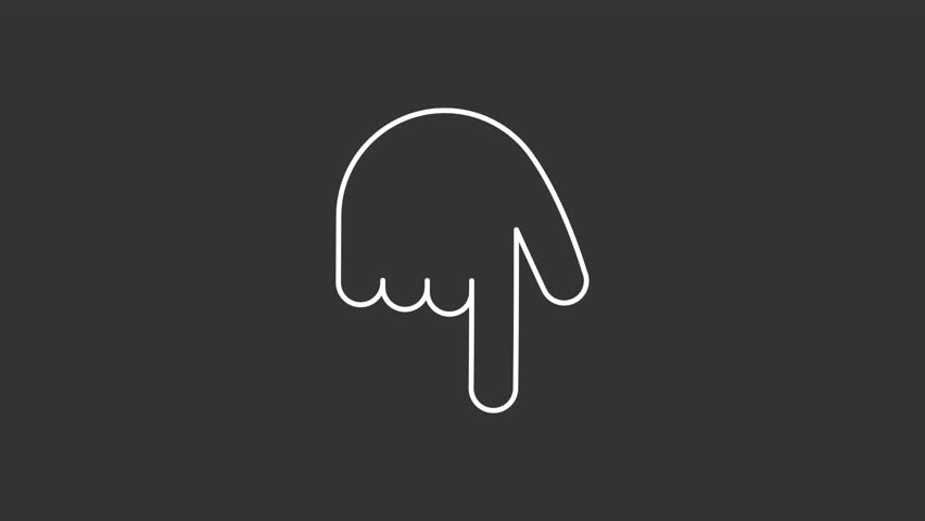Animated pointing down finger white line icon. Direction hand animation. Moving hand, shaking fingers. Navigation pointer, help. Isolated element on dark background. Alpha transparent video