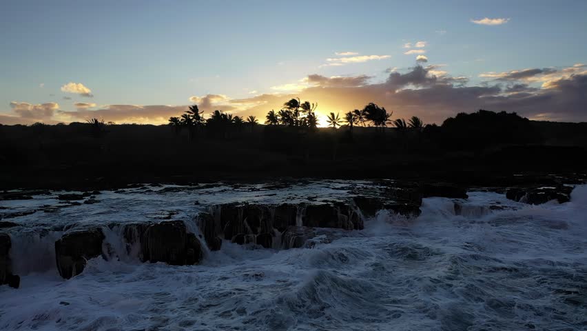 Hawaiian lava rock coastline at sunset with ocean waves crashing against rugged volcanic formations, silhouetted palm trees in the background.