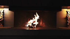 A vibrant fire flickers in a modern fireplace, surrounded by neatly stacked logs. The scene suggests a warm atmosphere in a luxury hotel or chalet. - Powered by Shutterstock - Get 15% off with code: PIKWIZARD15