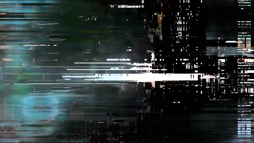 Digital glitch animation with heavy interference, pixel shifts, and corrupted signal errors. Ideal for music visuals and creative overlays