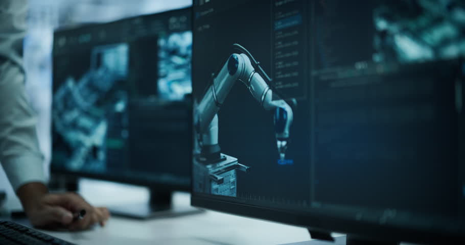 Close Up of Two Industrial Specialists Discussing a Manufacturing Process with Automated Robotic Arms. Workers Pointing on Computer Screen, Monitoring and Managing the Assembly Line