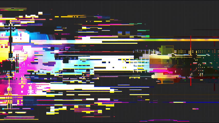 Glitch-style animated loop filled with data stream flickers, compression bugs, and broken pixel grids. Designed for tech-themed visuals.
