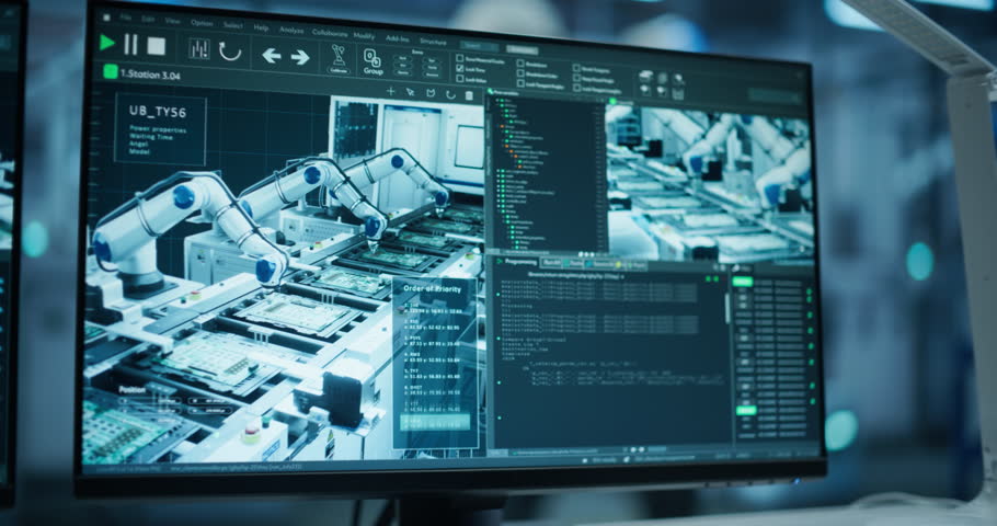 Computer Screen Displaying Robotic Operations and Data Analytics. Engineers in a Hard Hats Working in an Industrial Facility, Using Laptop Computer to Monitor Robotic Arms in a Futuristic Factory