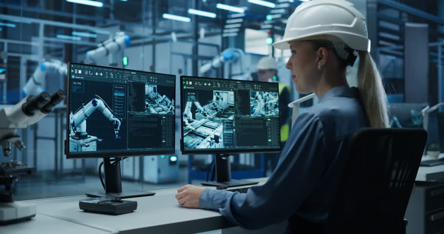 Administrator Working Behind a Desk in a Modern Industrial Facility with Automated Robotic Arms. Professional Young Woman Monitoring Circuit Board Assembly Line Conveyor and Optimizing Production