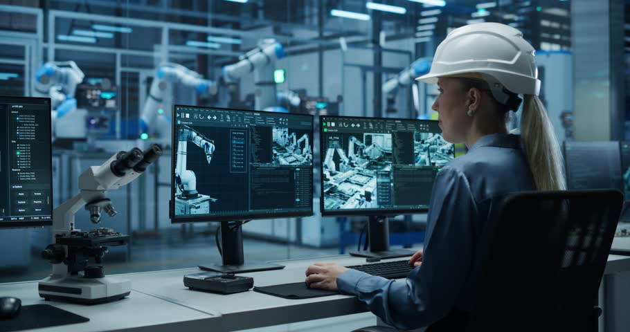 Industrial Engineer Working Behind a Desk in a Modern Manufacturing Facility with Automated Robotic Arms. Female Specialist Monitoring Circuit Board Assembly Line and Optimizing Production Output