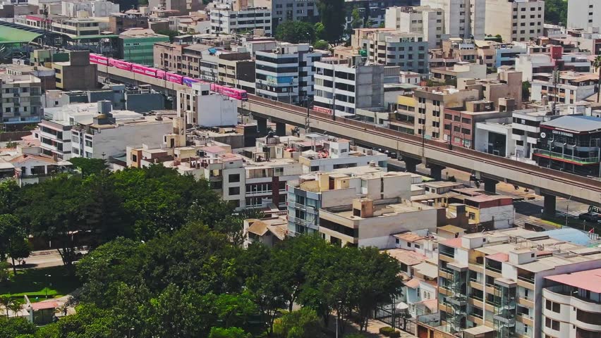 The san borja area in lima, showcasing buildings, train, and urban life, aerial view