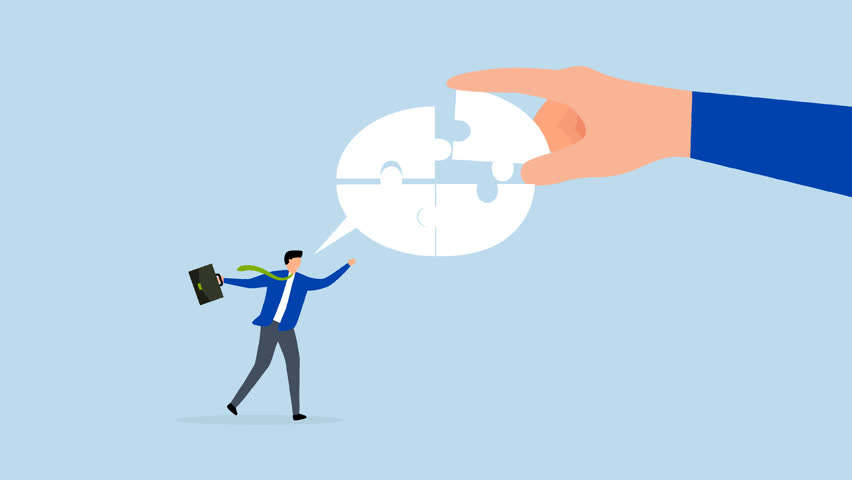 Complete communication speech bubble,  4k animation of businessman hand help connect jigsaw on speech bubble.