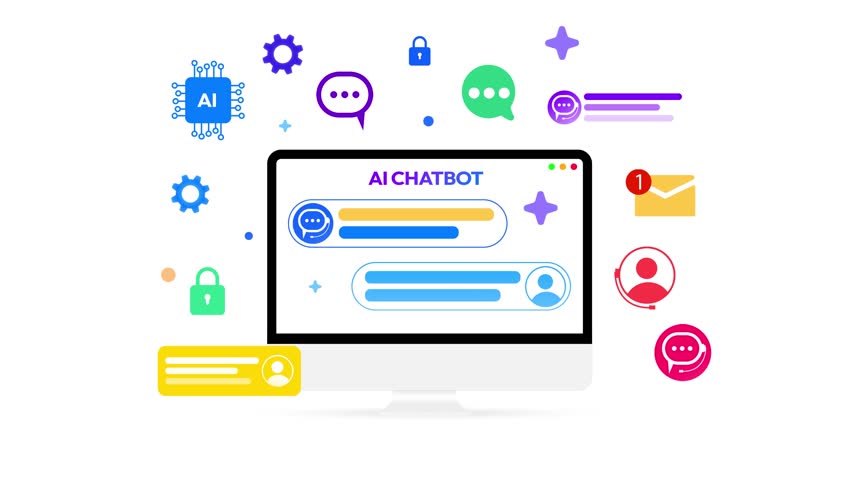 Colorful AI Chatbots for the help and assistance concept, 4k animation with floating shapes. Artificial intelligence bots, user, chip
