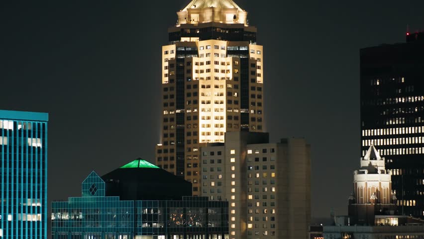 Aerial view of the 801 grand building in downtown Des Moines Iowa.