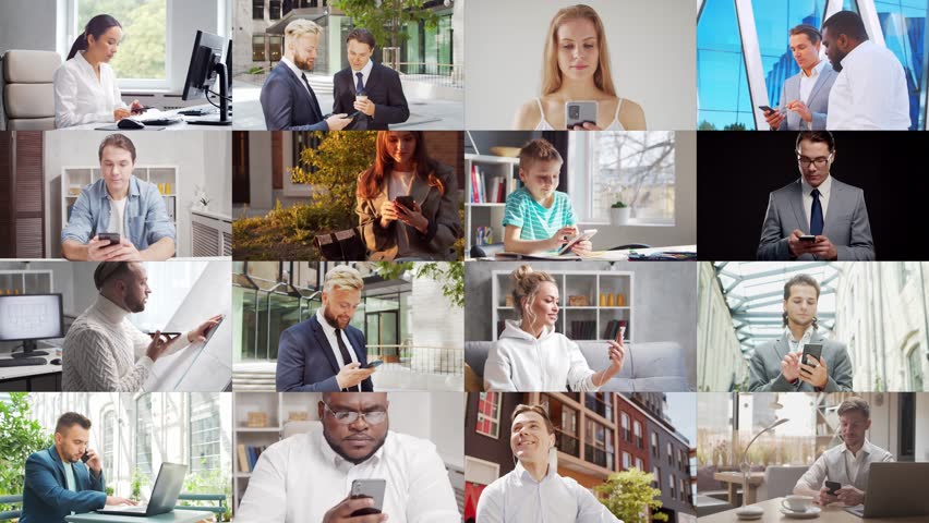 Collage with many different people using smartphone devices. Set collection of many video clips with men and women with mobile phones. Communication, internet and connectivity concept.
