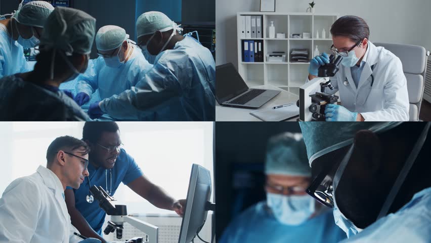 Collection of images featuring medical professionals and scientist in lab and surgery, highlighting teamwork, innovation, and advanced healthcare technology.