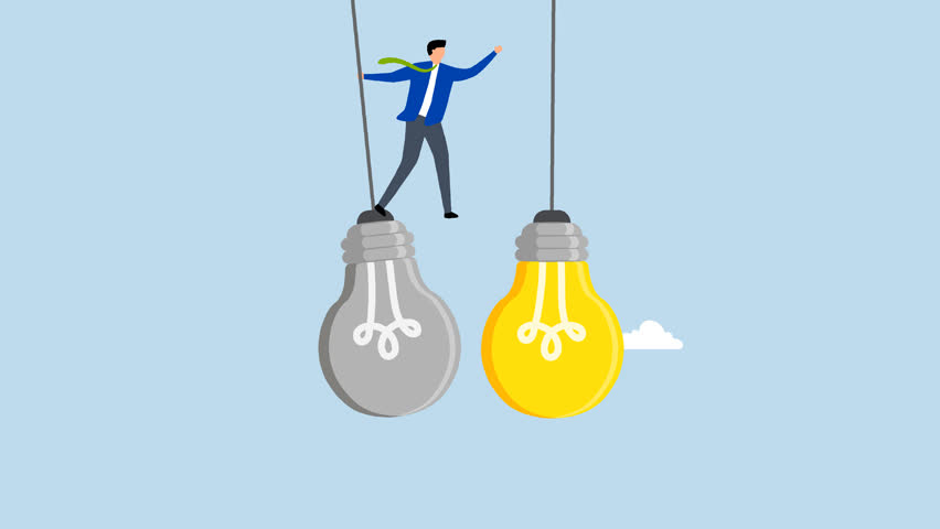 transformation to new opportunity, 4k animation of businessman jump from old to bright lightbulb.