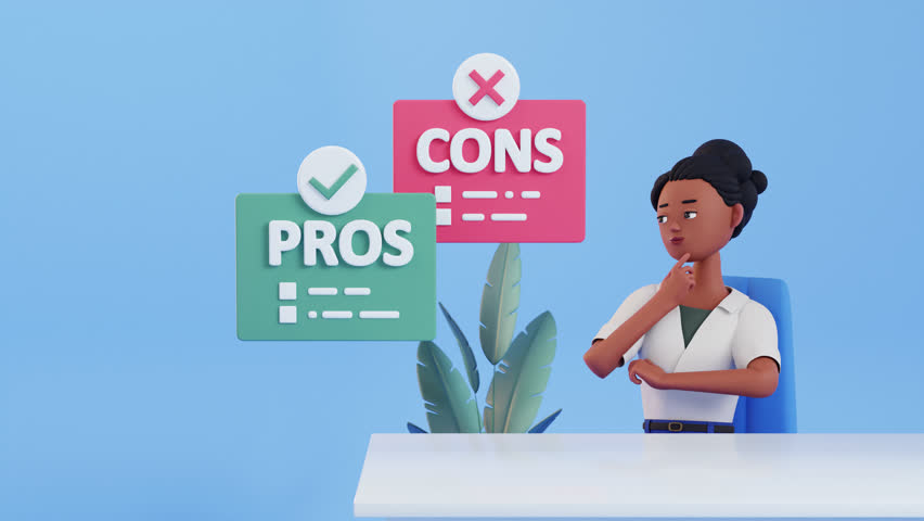 Woman Thinking on Pros and Cons, Decision-Making Concept. 3d render looped animation. Analysis, critical thinking. Strategy, comparison, pros and cons list, problem-solving, or business planning