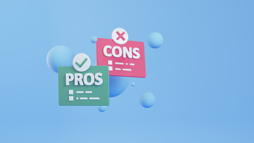 Pros and Cons, Decision-Making icons, abstract spheres. 3d render looped animation. Analysis, critical thinking. Strategy, comparison, pros and cons list, problem-solving, or business planning Concept