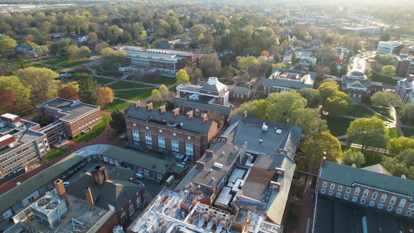University of Delaware spring drone golden hour descending twist memorial hall campus
