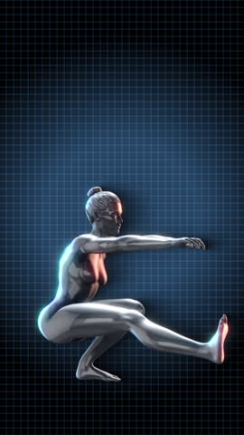 A looping animation of a female 3D character performing a fitness activity, rendered in a reflective chrome style.