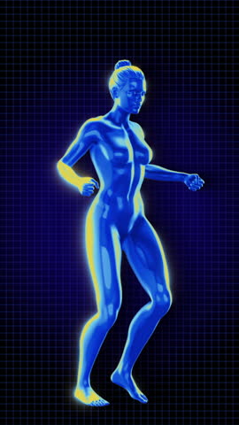 A looping animation of a female 3D character performing a fitness activity, rendered in a shimmering iridescent style.