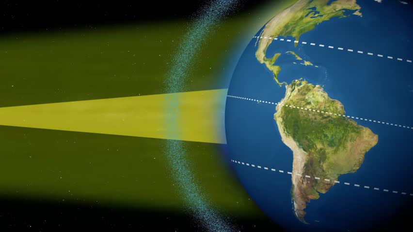 Illustration showing how the Sun's rays strike Earth, with direct sunlight at the equator and angled rays diffusing across tropical and temperate zones.  	
