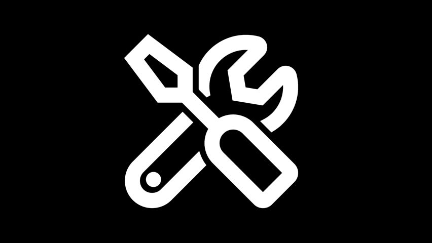 Icon tools is distorted. Glitch. Noise, chromatic aberration, geometric distortion. Transparent background, looped. In-Out looped. Alpha BW at the end