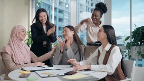Happy smiling multiethnic women females African American Japanese Indian Arabian Muslim girls coworkers businesswomen celebrate business victory startup growth wealth success throwing paper in office - Powered by Shutterstock - Get 15% off with code: PIKWIZARD15