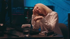 Stock broker businesswoman girl business investor woman programmer computer web crypto currency bitcoin trading overwork late night insomnia sleep yawn headache eyes tension tired exhausted overtime - Powered by Shutterstock - Get 15% off with code: PIKWIZARD15