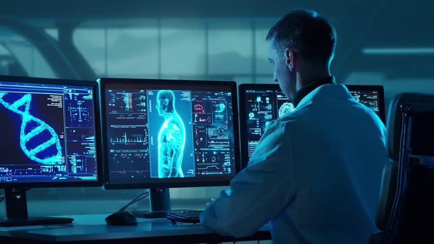 Doctor working at futuristic office, multiple monitors displaying medical images, data and body scans. - Powered by Shutterstock - Get 15% off with code: PIKWIZARD15