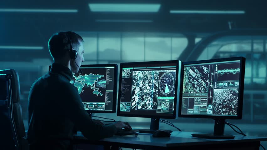 Military soldier operating advanced technology in a command center.