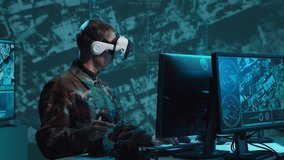 Military soldier operating advanced technology in a command center. - Powered by Shutterstock - Get 15% off with code: PIKWIZARD15