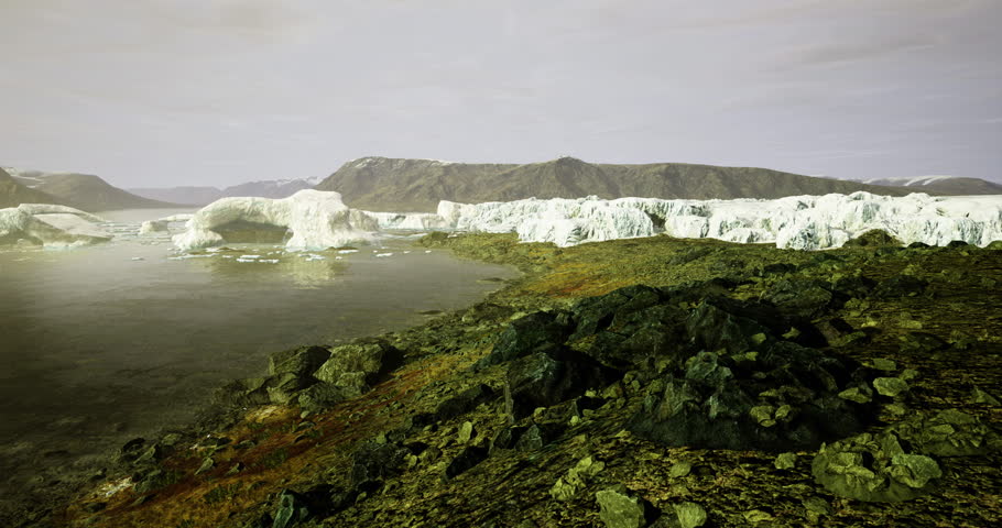 The vast glacial landscape showcases towering ice formations along a rocky shore, with calm waters reflecting the serene atmosphere. The natural beauty highlights ecological changes.