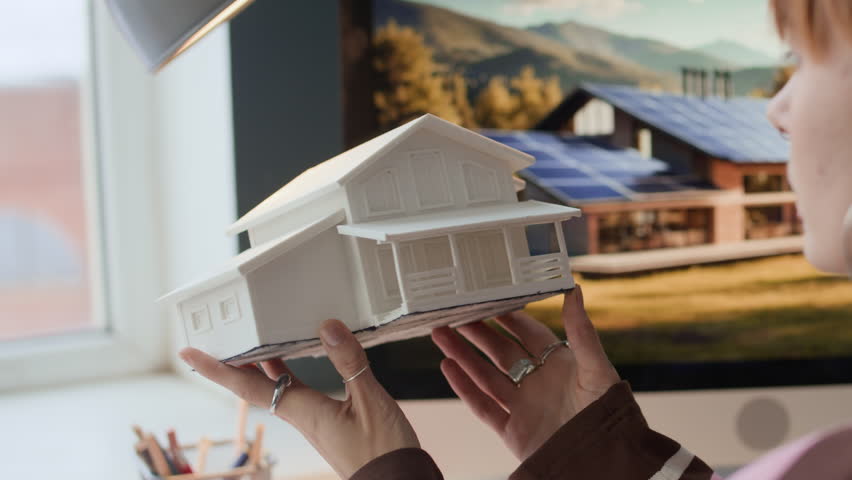 Close up shot of female architect examining house model at office workplace, with energy efficient building rendering visible on computer monitor in background