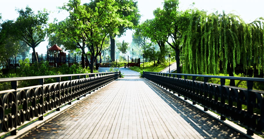 A serene pathway leads through a vibrant park filled with green trees and playful sunlight. The inviting walkway connects various park areas, encouraging leisurely strolls.