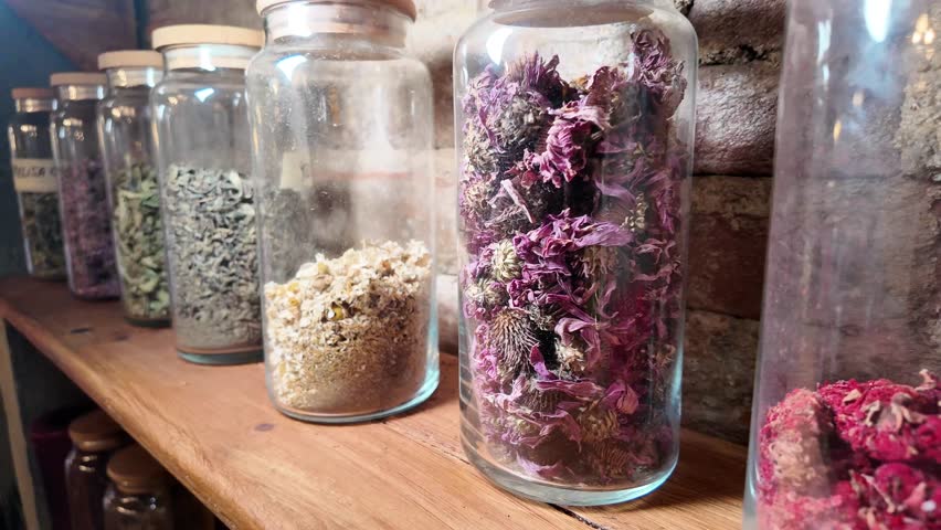 Exploring dried flowers and herbs in glass jars at a cozy shop