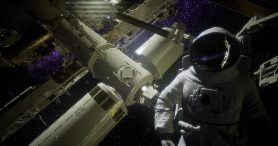 An astronaut is floating outside a space station, surrounded by the vastness of space. Bright stars and a colorful galaxy fill the background, creating a stunning cosmic view.